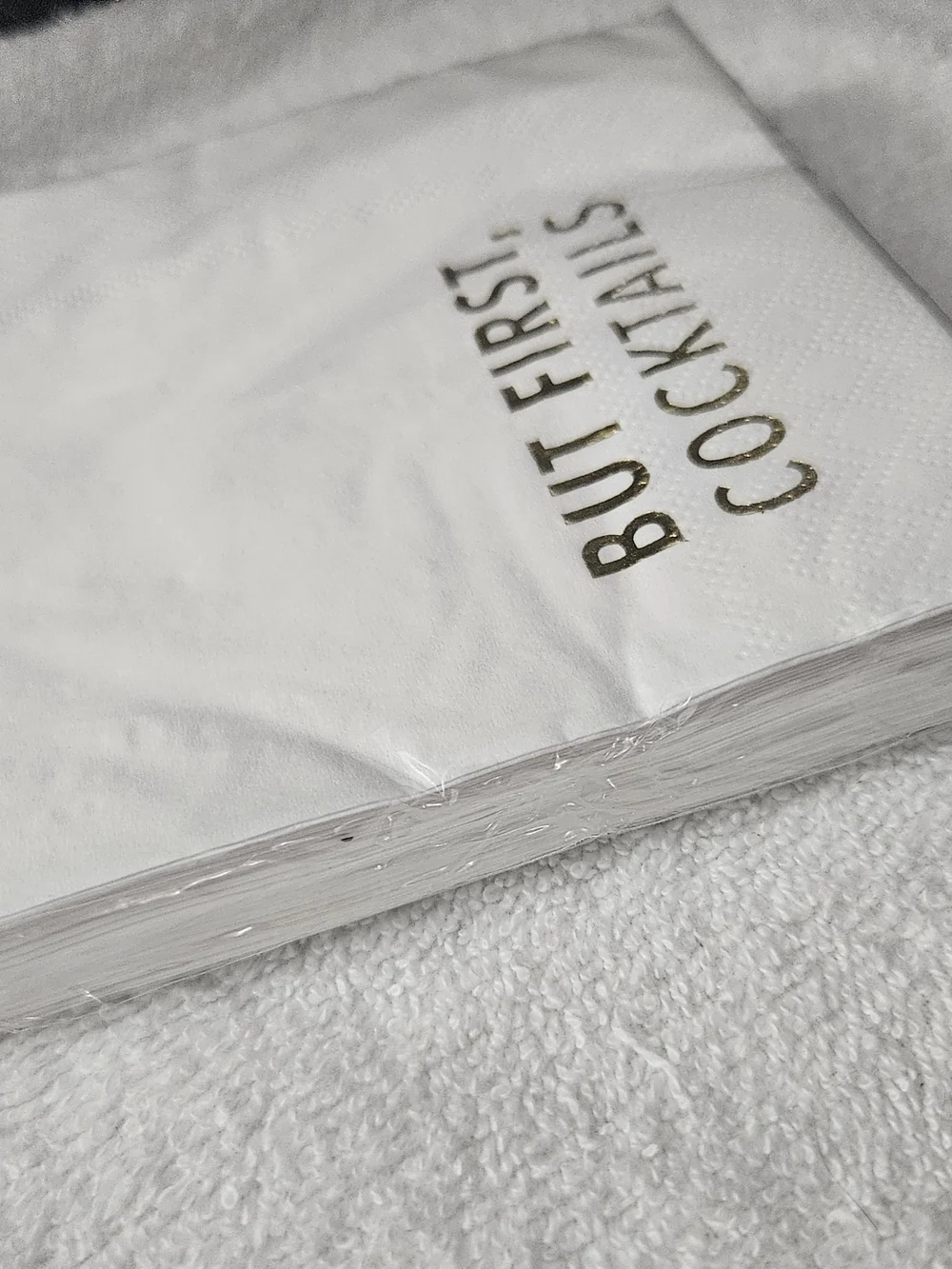 Spritz White Beverage Napkins with Gold Text 'But First, Cocktails' 30 CT 2-PLY